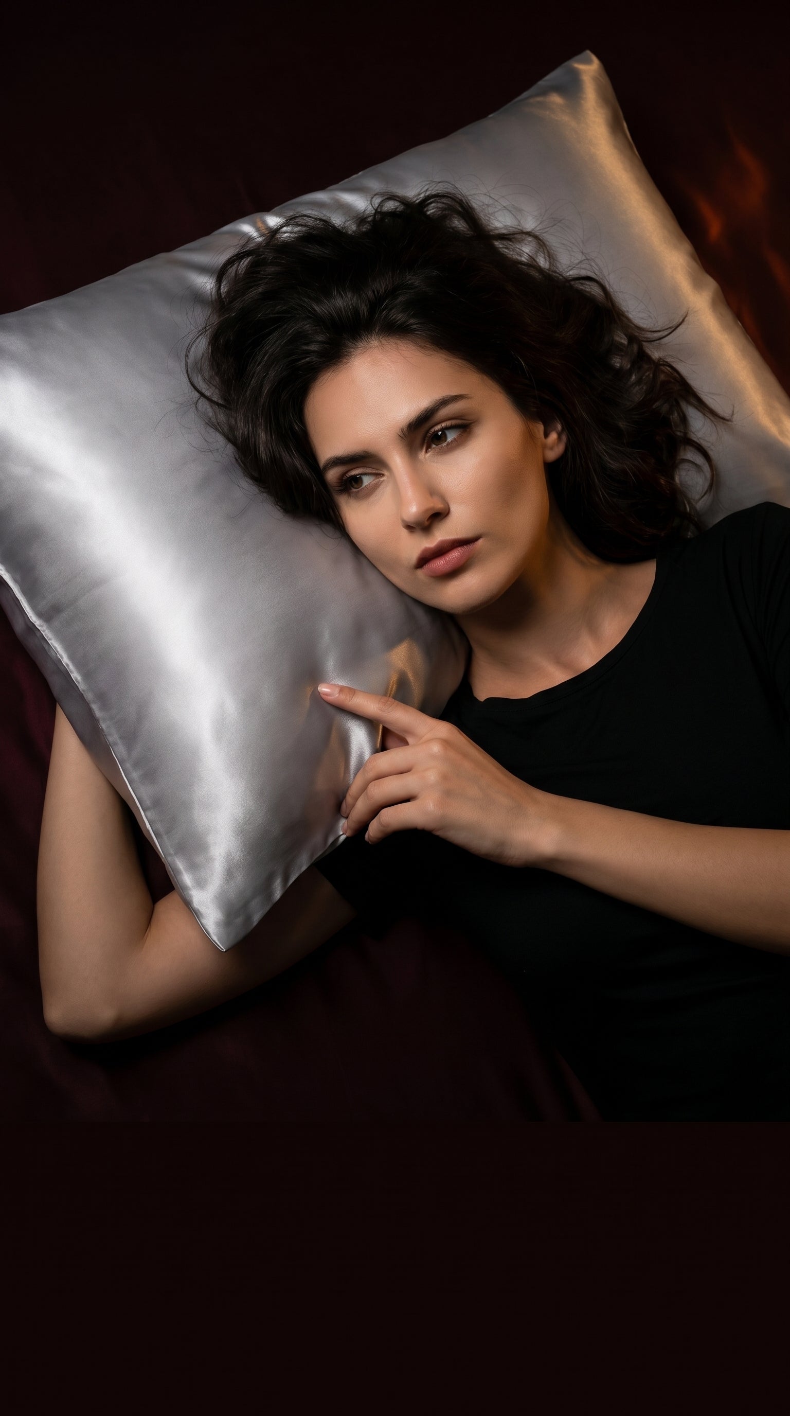 Retrato editorial con funda de satén Lunessa plateada en primer plano